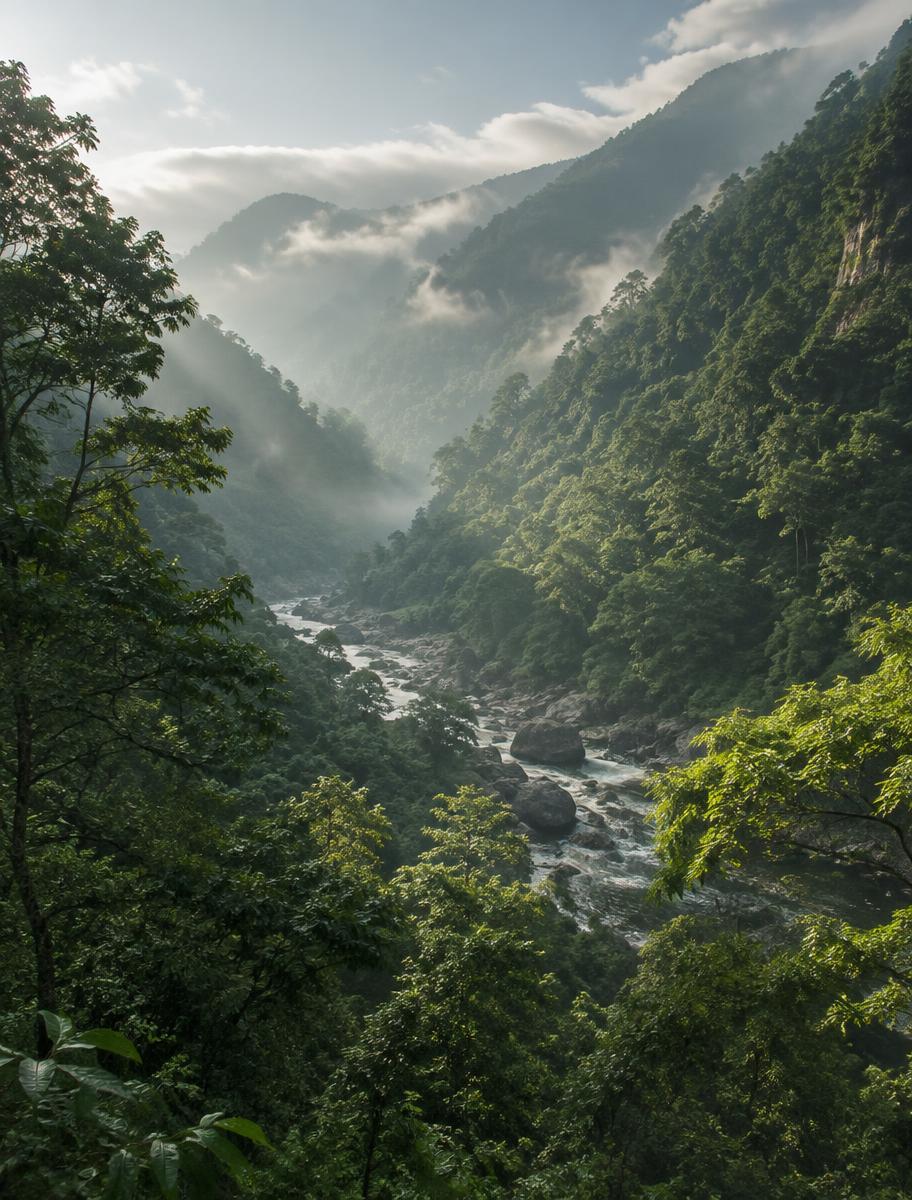 Sunlit green valley with mist